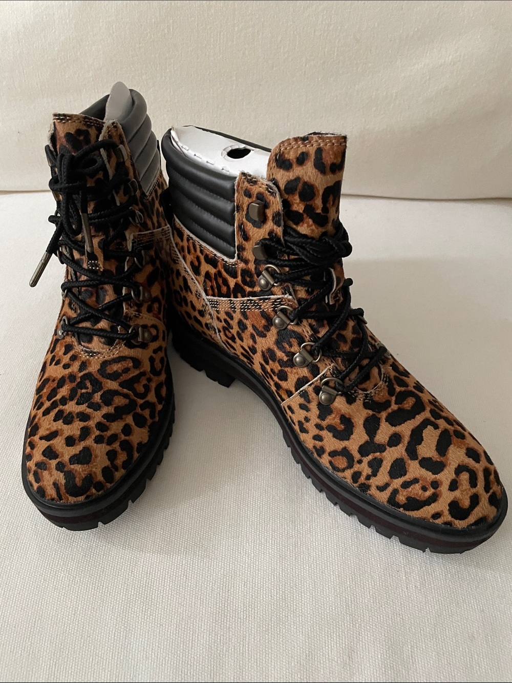 Timberland Leopard Print Lace-Up Ankle Boots in Brown and Black